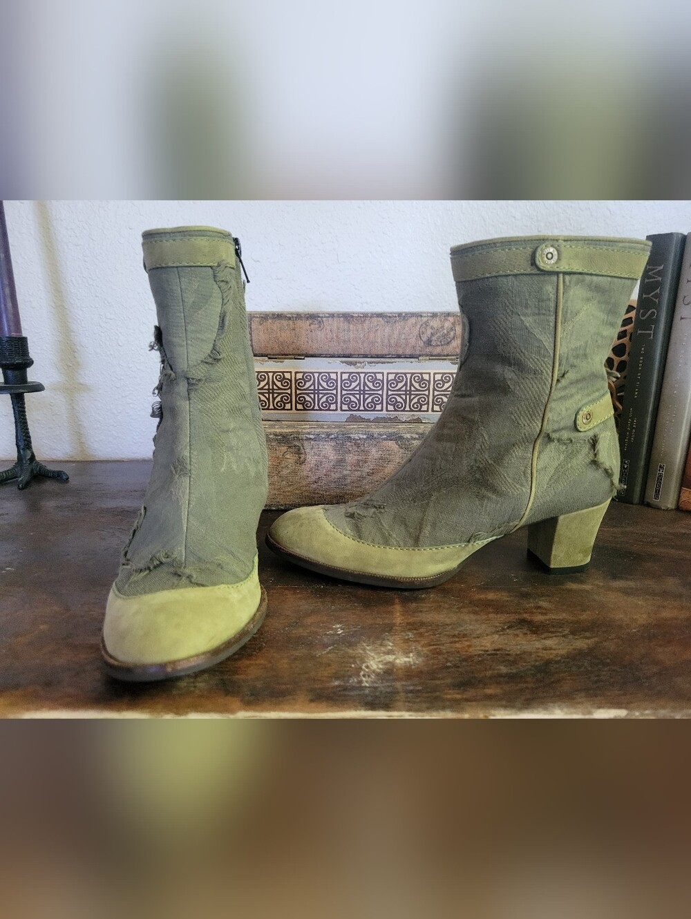 Kenzo Distressed Victorian Style Olive Green Ankle Boot